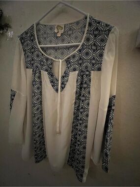 Boho Embroidered White and Navy Peasant Blouse